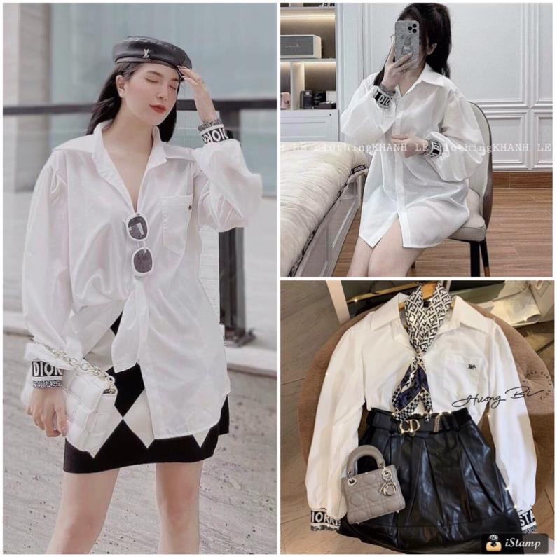 [RẺ VÔ ĐỊCH] Áo sơ mi Dior chữ thêu nổi tay bo một màu trắng