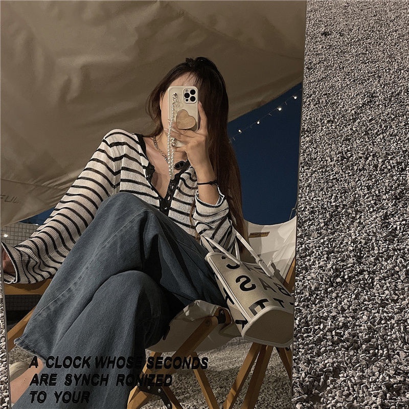 Áo Sơ Mi Mỏng Dáng Rộng Kẻ Sọc Trắng Đen Thời Trang Mùa Hè Cho Nữ