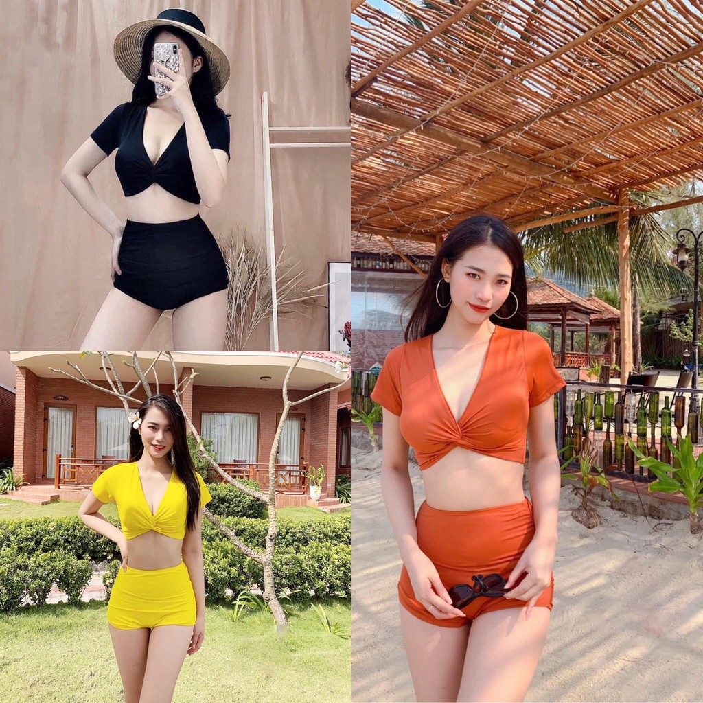 Bikini Đồ Bơi Nữ Hai Mảnh Quần Đùi Cạp Cao Áo Croptop Xoắn Ngực Tặng Kèm Mút Lót Ngực Tiện Lợi | QP001 | BigBuy360 - bigbuy360.vn