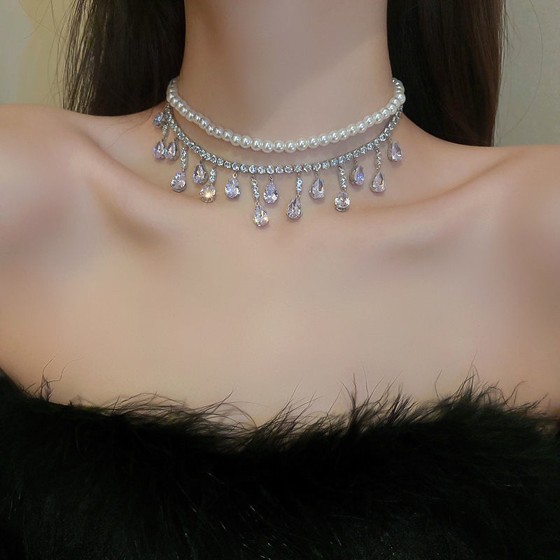 Ngôi sao với vòng cổ kim cương mặt dây chuyền ngọc trai xương quai xanh phóng đại Âu Mỹ trang phục ăn tối cổ điển phụ kiện dây chuyền áo len