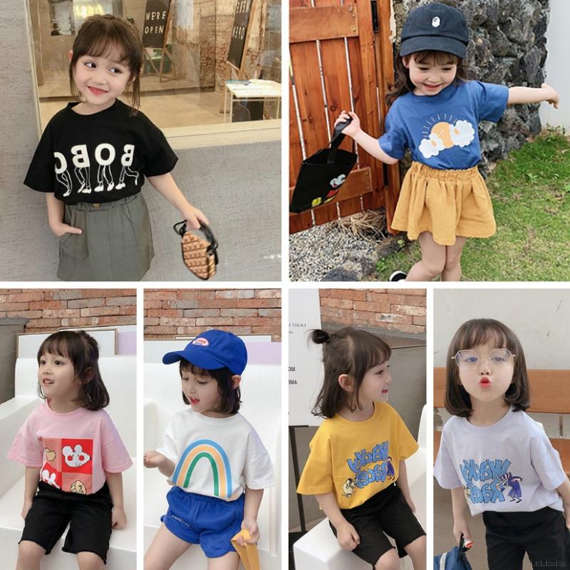Áo thun ngắn tay in họa tiết hoạt hình xinh xắn theo phong cách màu hè dành cho bé 3-8 tuổi