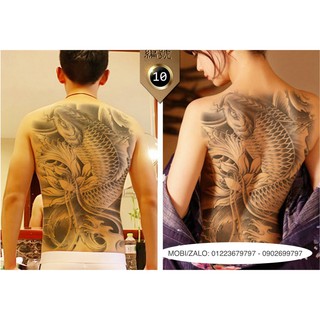 Hình xăm dán tattoo cao cấp kín lưng 34x48cm CÁ CHÉP BÊN HOA SEN (Quà tặng kèm: 1 hình xăm dán đẹp mê ly!)