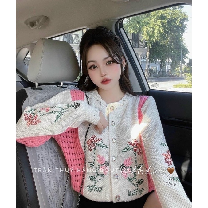 ÁO LEN CADIGAN THÊU HOA TÔNG TRẮNG HỒNG