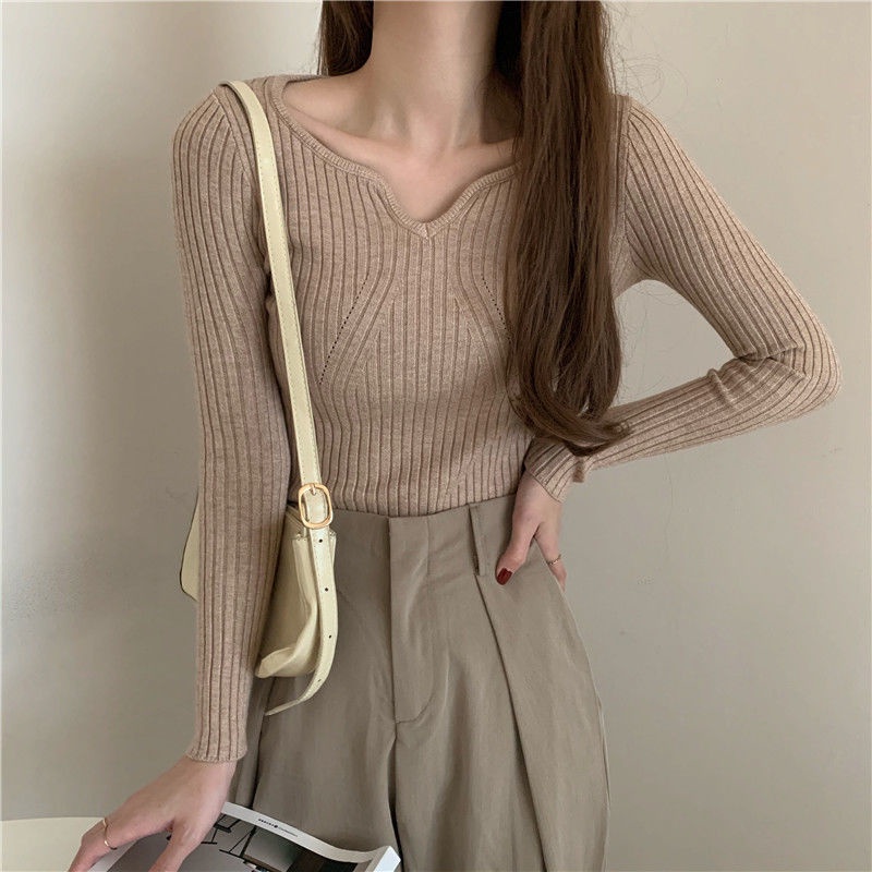 Áo len dài tay cổ chữ V thiết kế dáng ôm thời trang thu đông cho nữ