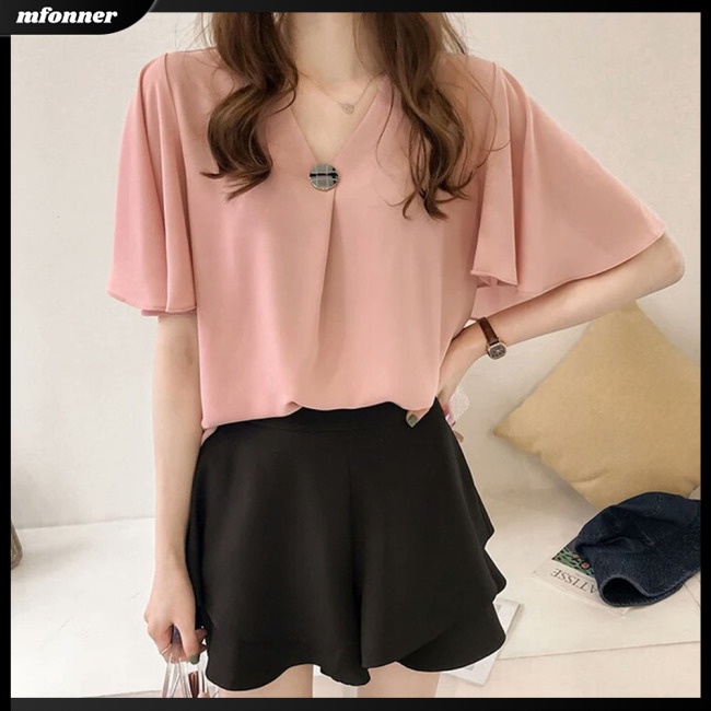Áo Chiffon Cổ Chữ V Tay Lửng Cho Nữ