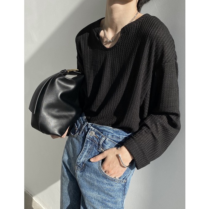 Áo thun dệt kim tay dài dáng rộng thời trang cho cả nam và nữ Korean Youth fashion V-neck men's T-shirt