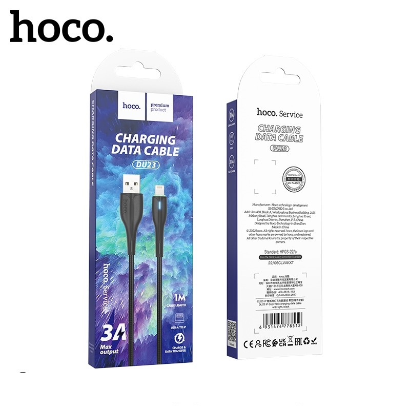 Cáp sạc nhanh 3A Hoco DU23 cho iphone dài 1m dây dù siêu bền dành cho Smartphone