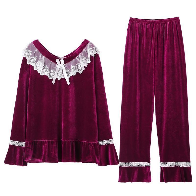 Bộ đồ ngủ vải nhung phối ren phong cách Hàn Quốc sang trọng thời trang xuân thu cho nữ