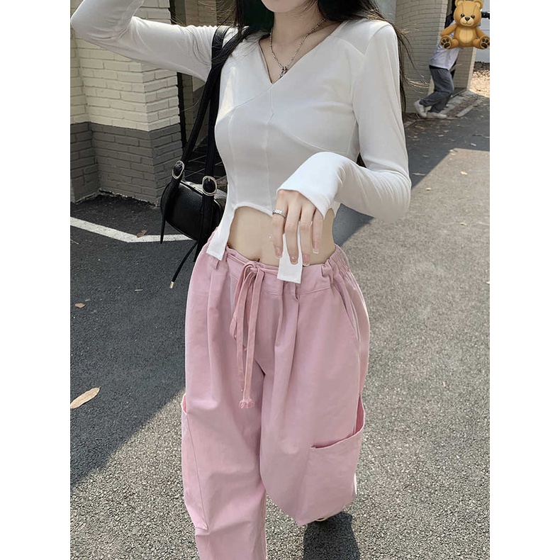 Phiên Bản Hàn Quốc; hot girl Áo Thun Tay Dài Ống Rộng Thiết Kế Thời Trang Dành Cho Nữ / Quần Âu Mỹ