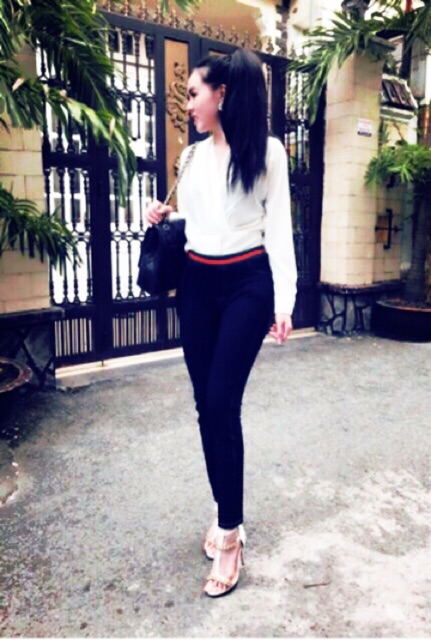Quần phối lưng Sọc xanh đỏ legging giả jean's