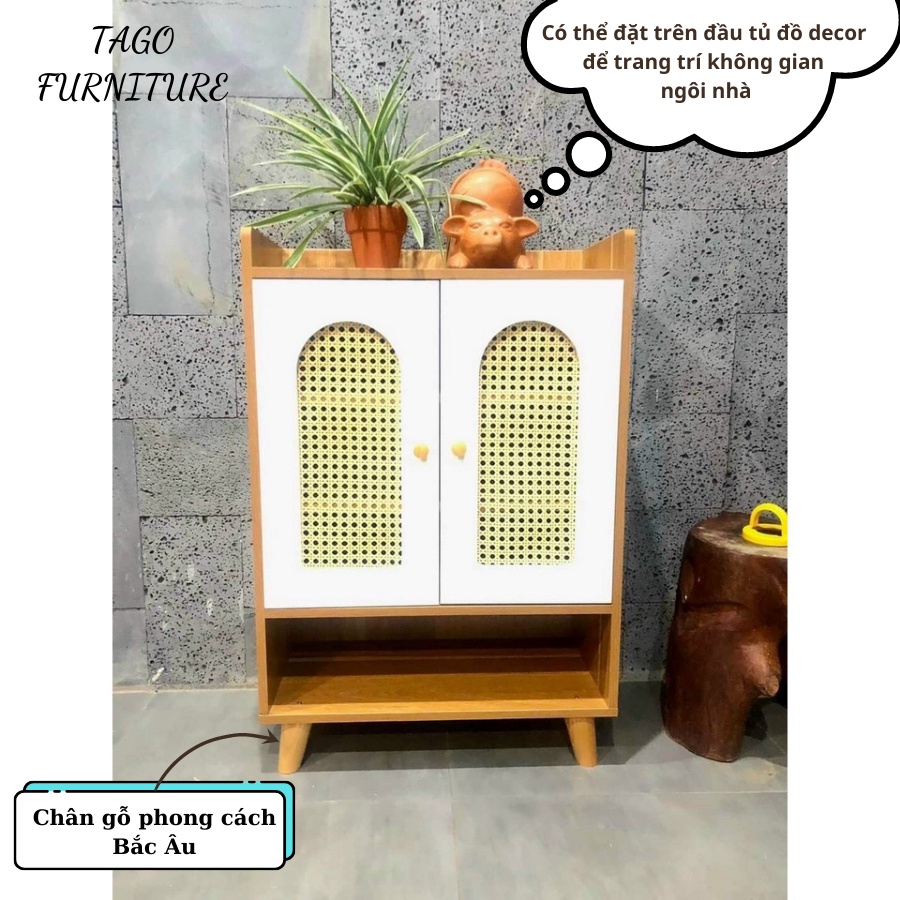 Tủ giày mây, tủ để giày thông minh 2 cánh gỗ tự nhiên phong cách cao cấp hiện đại trang trí nhà 60x30x90 TAGO ND19