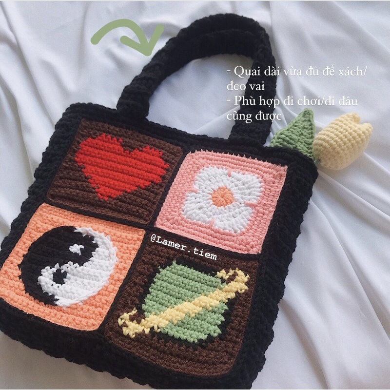 Crochet Unique square bag/ túi móc len hoạ tiết ô vuông