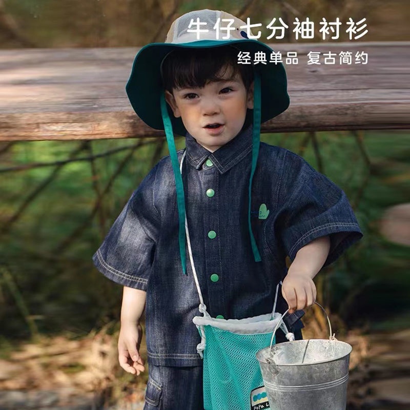 Bộ Áo Thun Cotton + Quần Short Denim Màu Trơn In Chữ Phong Cách Hàn Quốc Thời Trang Mùa Hè Cho Bé Trai