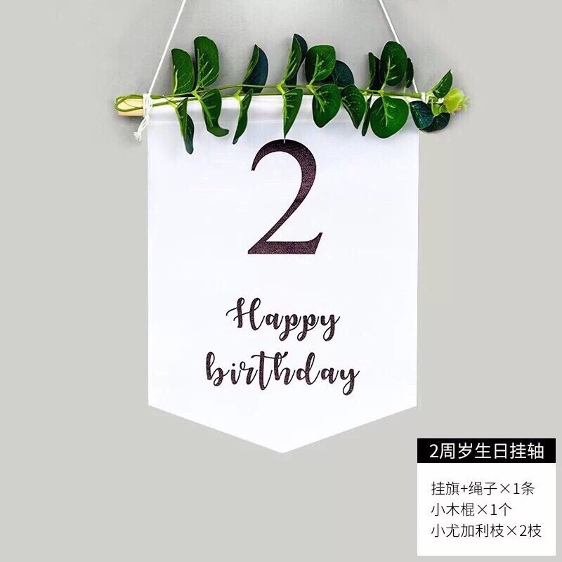[ Tặng móc dính] Banner in số tuổi sinh nhật kèm lá decor phong cách Hàn Quốc