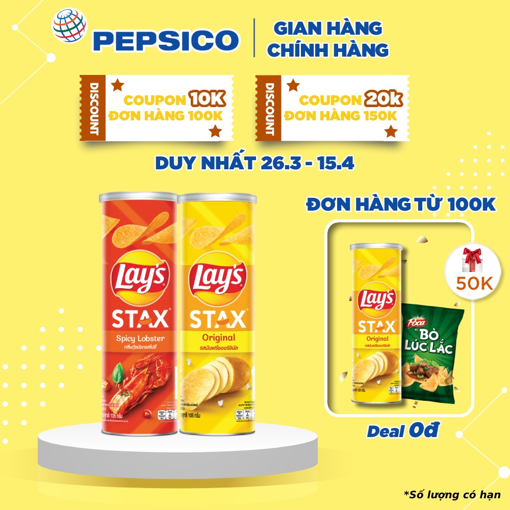 Combo 2 Snack Khoai Tây Ống Lay's Stax Mix 105g/hộp vị : Khoai Tây Tự Nhiên và Tôm Hùm Nướng Ngũ Vị