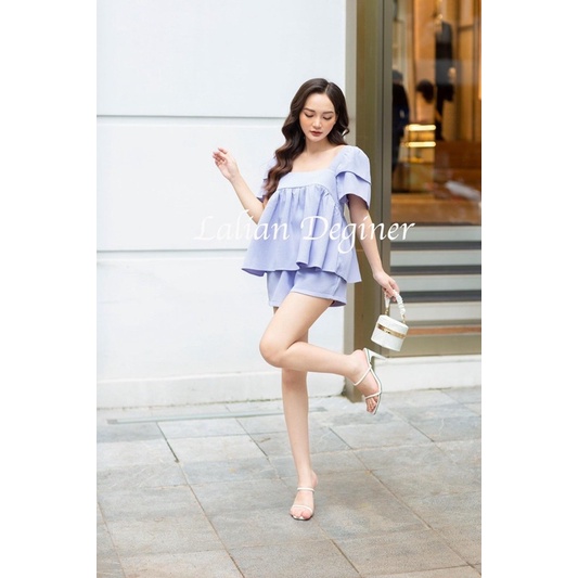 Bộ váy + quần Baby doll tay bồng vải sốp nhẹ thoáng mát váy đi chơi, váy đi du lịch, váy đi biển