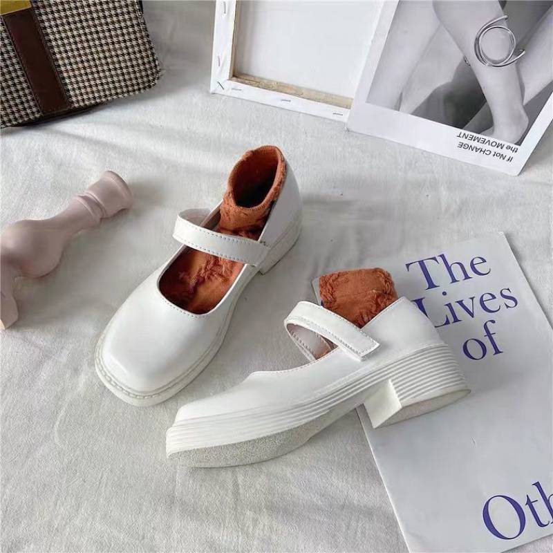 Giày Mary Jane Cao Gót 3Cm Mũi Vuông QUAI DÁN Giày Lolita Đế Cao 2 Màu Đen Trắng Da Cao Cấp MJ02-Molita