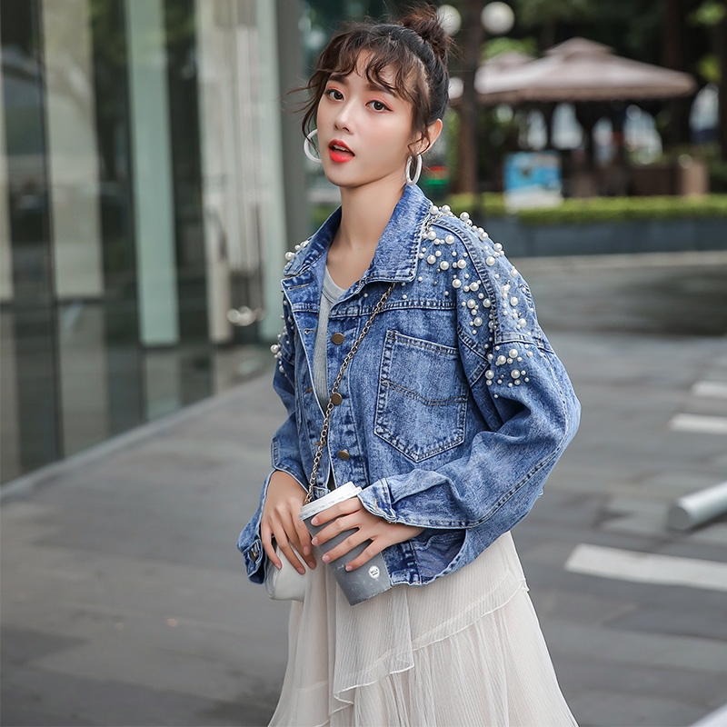 ENCOUNTER Women's Short Denim Jacket Thin Korean Split Loose Long-sleeved Coats