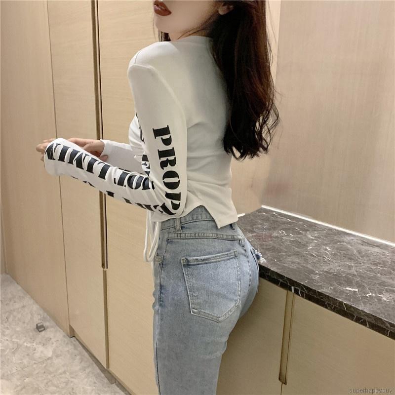 Áo thun nữ tay dài có in chữ thời trang quyến rũ