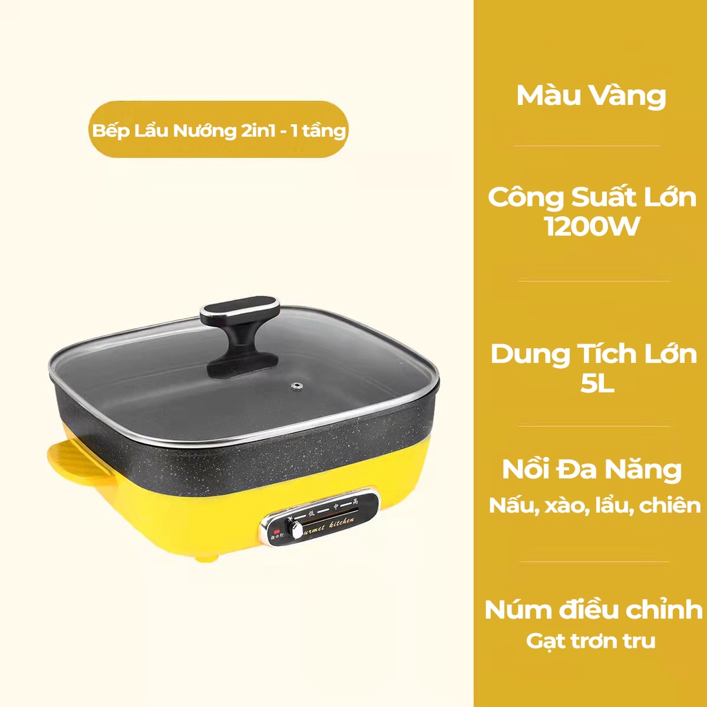 Bếp lẩu nướng 2 tầng HGJ-B30 lòng nồi chống dính cao cấp, Nồi lẩu điện đa năng 4.5L, công suất 1200w