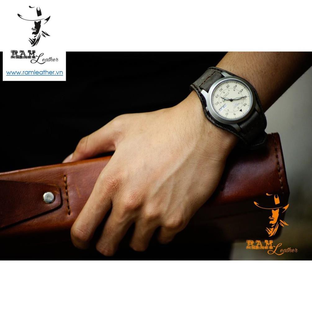 Dây Đồng Hồ Da Bò Ram Bundstrap Bx1939 Da Bò Xám Than Lục Quân Đức - RAM
