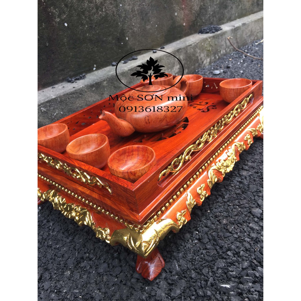 Bộ sang trọng khay trà rát vàng ấm chén trơn,khay trà rồng trầu rát vàng kích thước 38x28 và ấm chén trơn và 6 chiếc