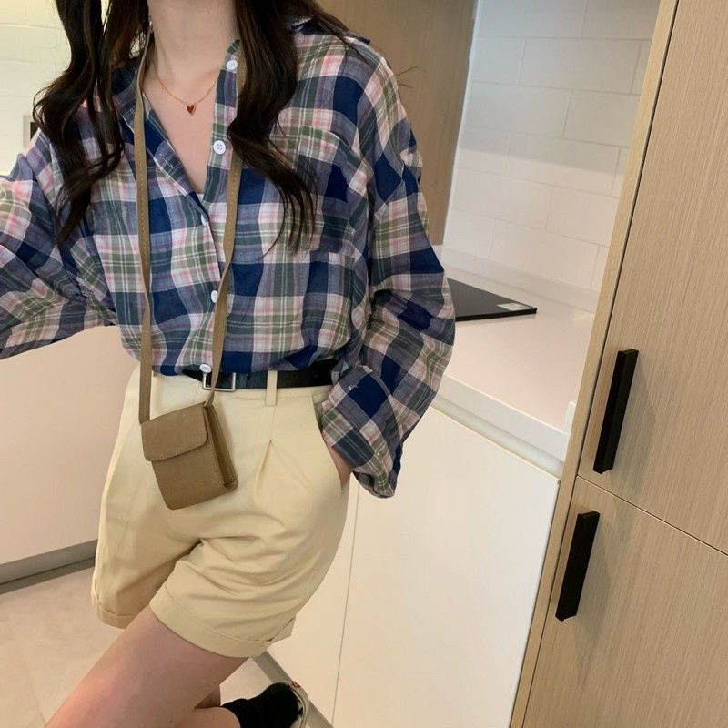 Áo sơ mi nữ kẻ sọc caro đẹp form rộng tay dài hàng Quảng Châu ANDOSA SM06