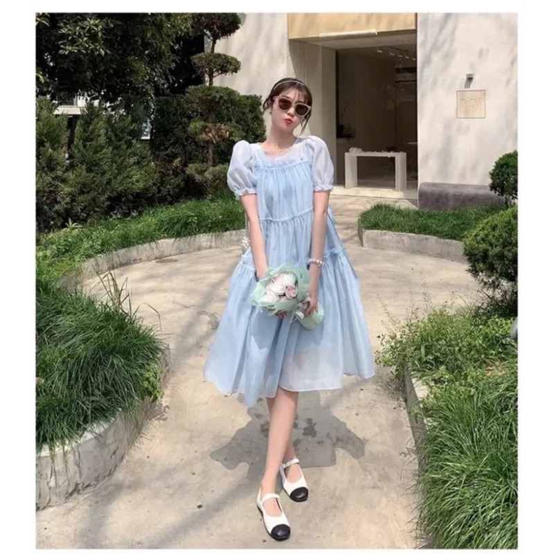 [ORDER] Đầm voan tơ màu xanh pastel hot hit cho mùa hè , dáng suông rộng xếp tầng siêu xinh , có kèm đầm lót