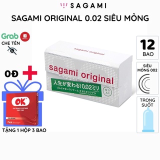 Bao cao su Sagami 002 Original Siêu mỏng Non latex 12 bao/hộp trơn trong suốt ôm khít chống tuột kéo dài thời gian