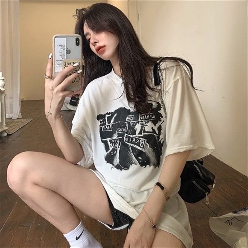 Áo Thun Ngắn Tay Cổ Tròn Dáng Rộng In Họa Tiết Thời Trang Hàn Quốc Cho Nữ