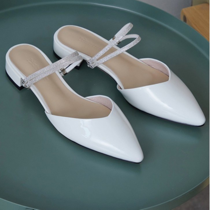 Giày cao gót  thời trang mũi nhọn phối dây hở gót cao 2cm màu trắng size lớn 40 41 42 43 44