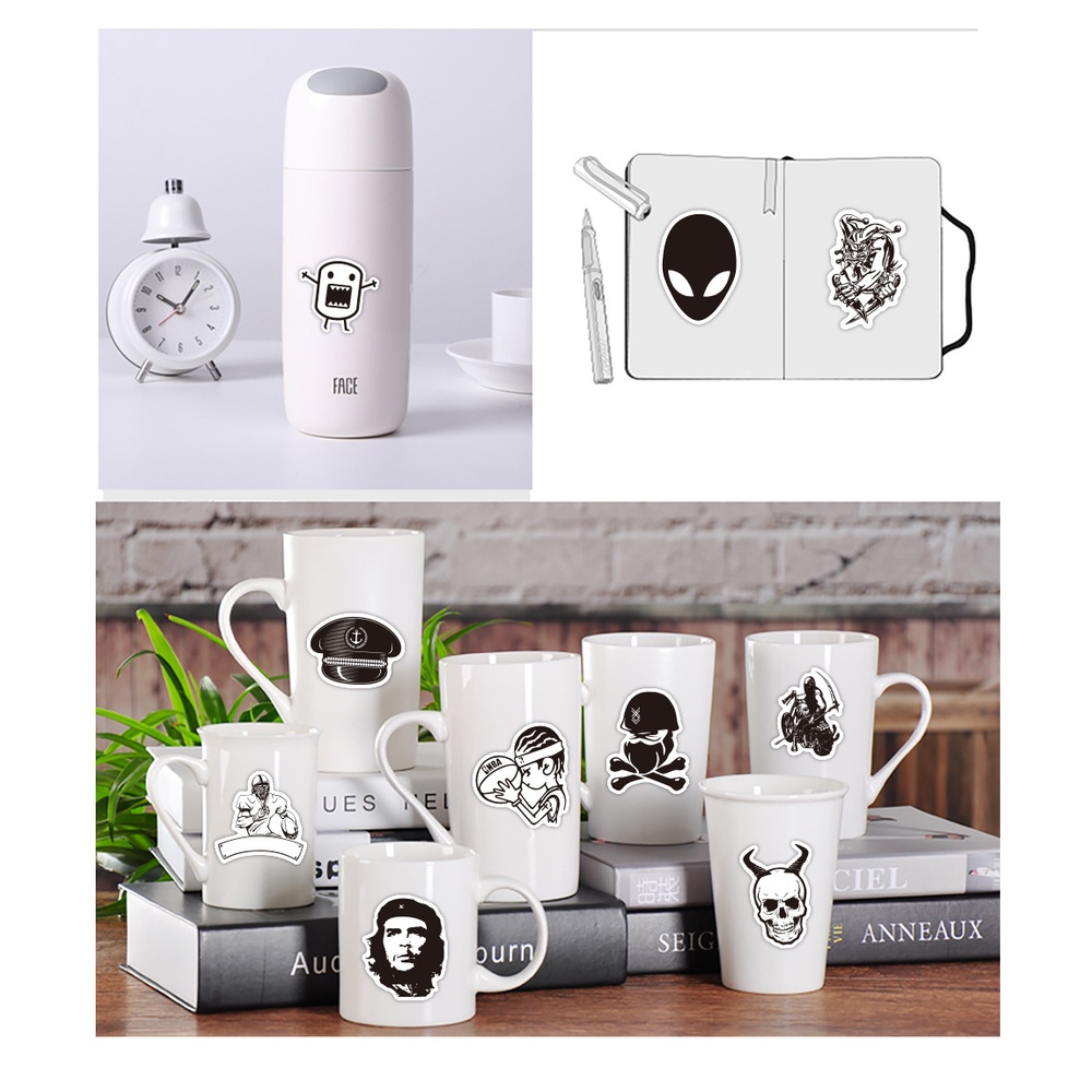 50 sticker TRẮNG ĐEN 3 trang trí Vali, Laptop, Mũ Bảo Hiểm, Xe Máy, Xe Đạp, Đàn 097