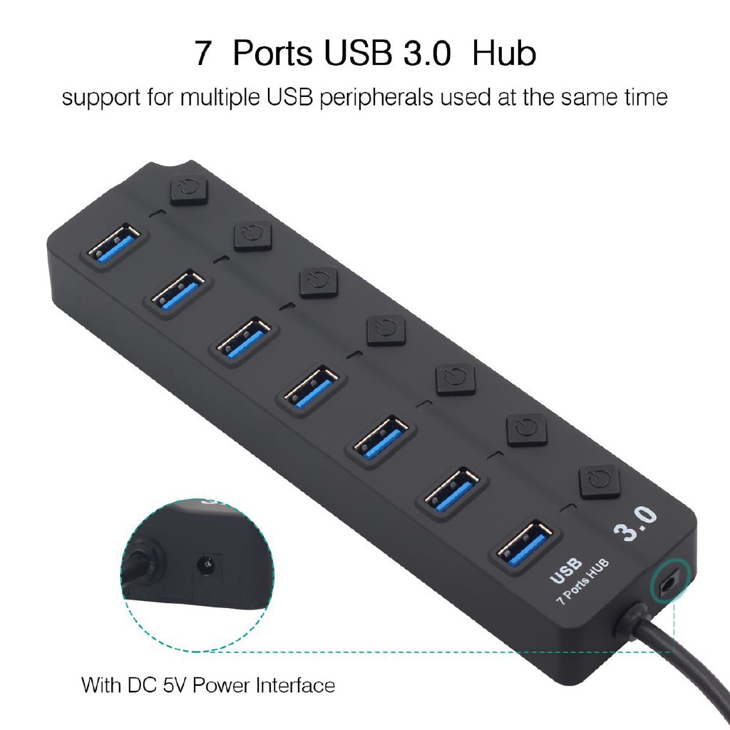 Hub Chia 7 Cổng Usb 3.0 Tốc Độ Cao Có Công Tắc On / Off Cho Macbook Laptop Pc