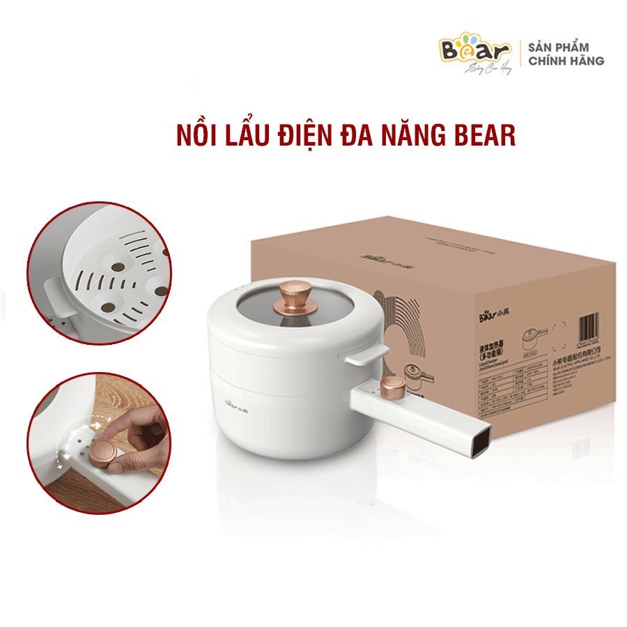 Nồi điện mini đa năng BEAR 2 tầng dùng để hấp, hầm cháo, nấu mỳ, lẩu, chiên rán - Công suất 600W