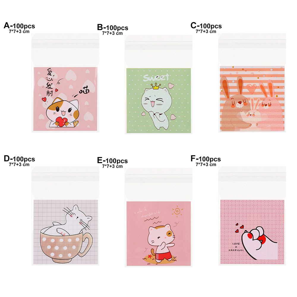 Set 100 Túi Nhựa OPP Kích Thước 7x7cm In Họa Tiết Mèo Hoạt Hình Có Keo Dán Dùng Để Đựng Bánh Quy