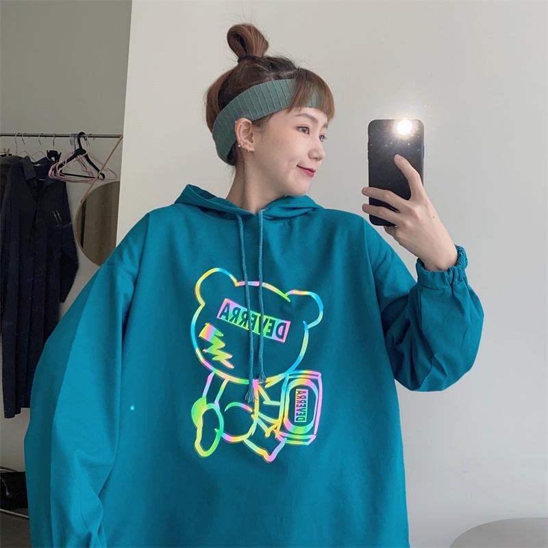 【ZHELIHANGFEI】Áo Hoodie Dài Tay Dáng Rộng In Hình Gấu Đáng Yêu