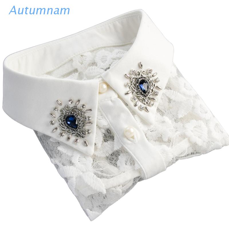 Cổ áo sơ mi giả thêu ren đính đá có thể tháo rời thanh lịch cho nữ