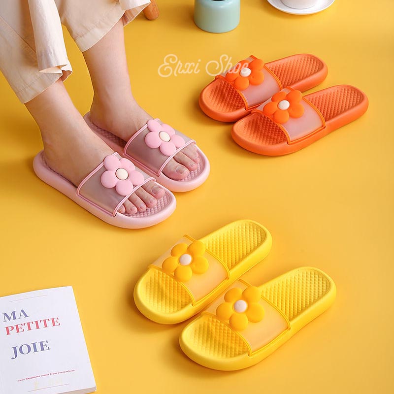 Oeggeo shop Dép Đế Bằng Trong Suốt Đính Hoa Cho Mẹ Và Bé Gái