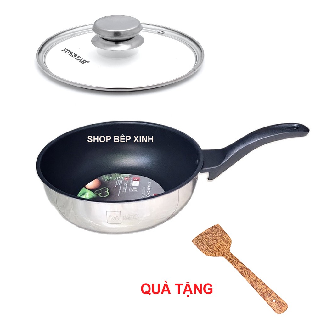 Chảo inox chống dính sâu lòng có nắp kính cao cấp Fivestar 24cm , 26cm  , tặng 1 sạn dừa , tay cầm cách nhiệt