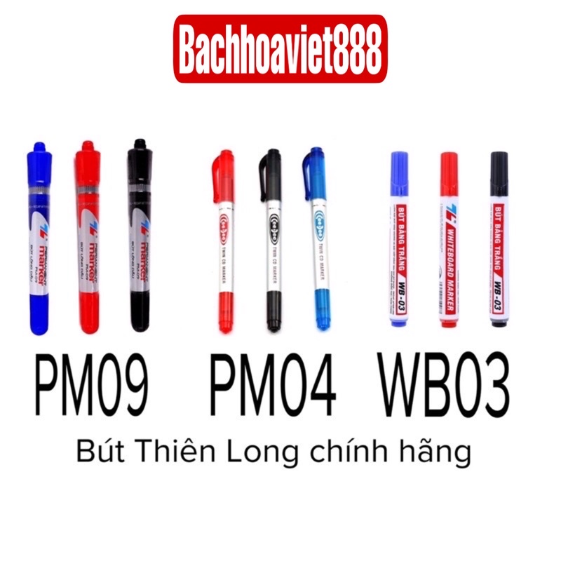 10 bút lông dầu, dạ kính, dạ bảng PM09-PM04-WB03 với ba màu xanh đen đỏ bút TL chính hãng