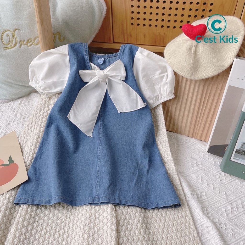 Váy bé gái, váy bò bé gái, váy jean phối tay phồng lên dáng xinh như công chúa Size nhí size trung size đại