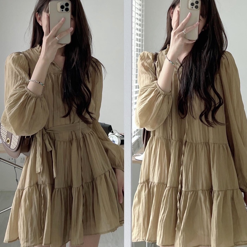 Váy babydoll dáng ngắn, váy đầm nữ dài tay tầng 2 lớp voan tơ xước freesize phom suông thắt eo hàn quốc Wikishop C1092