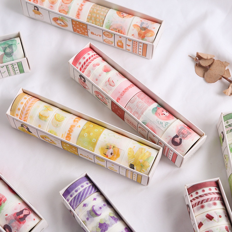 Washi tape set 10 cuộn WS09 - Băng keo dán trang trí sổ tay nhiều họa tiết