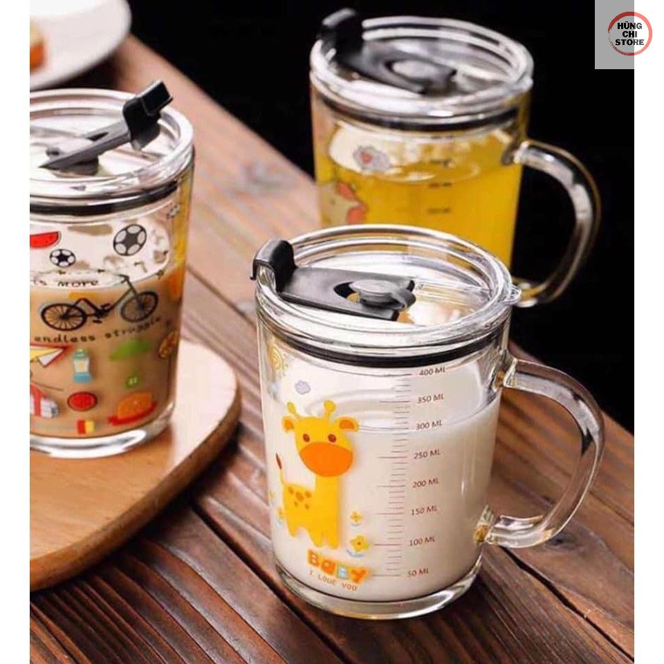 Ly Thuỷ Tinh In Hoạ Tiết Hoạt Hình Có Nắp Đậy Hút Chân Không Kín Hơi 400 Ml Tặng Kèm Ống Hút Thuỷ Tinh An Toàn