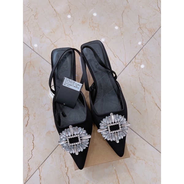 Sandal zara hoa đá mũi nhọn gót nhú fullbox