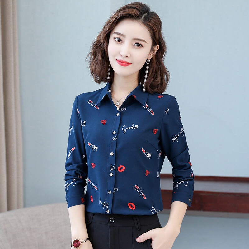 Áo Sơ Mi Công Sở Nữ Tay Dài Họa Tiết Son Môi Sang Trọng Chất Liệu Cao Cấp, Không Nhăn, Không Xù, Không Phai Màu