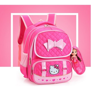 Balo đi học cao cấp mèo kitty tặng kèm túi đựng bút + búp bê, chống gù lưng