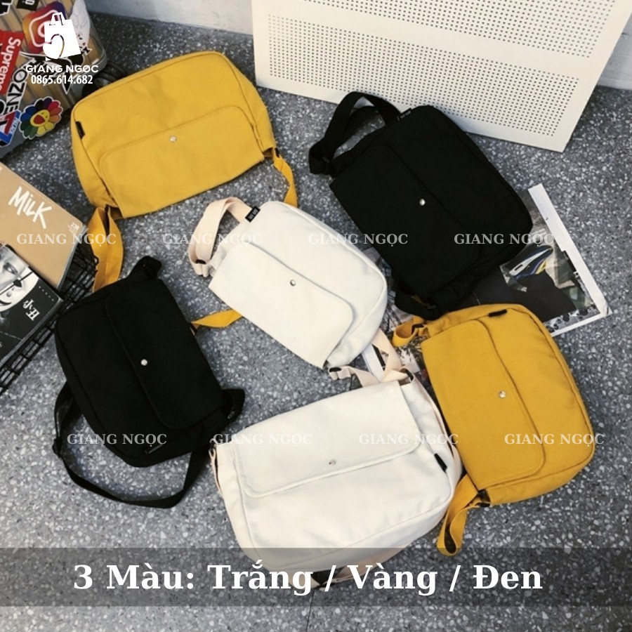 TÚI ĐEO CHÉO UNISEX NAM NỮ - VẢI DỆT CANVAS [CÓ TÚI CON] MÀU BE - ĐEN