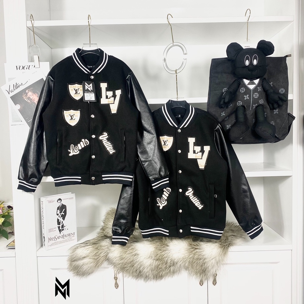 Áo khoác nỉ bomber LV phối tay da logo vá wash hàng cao cấp