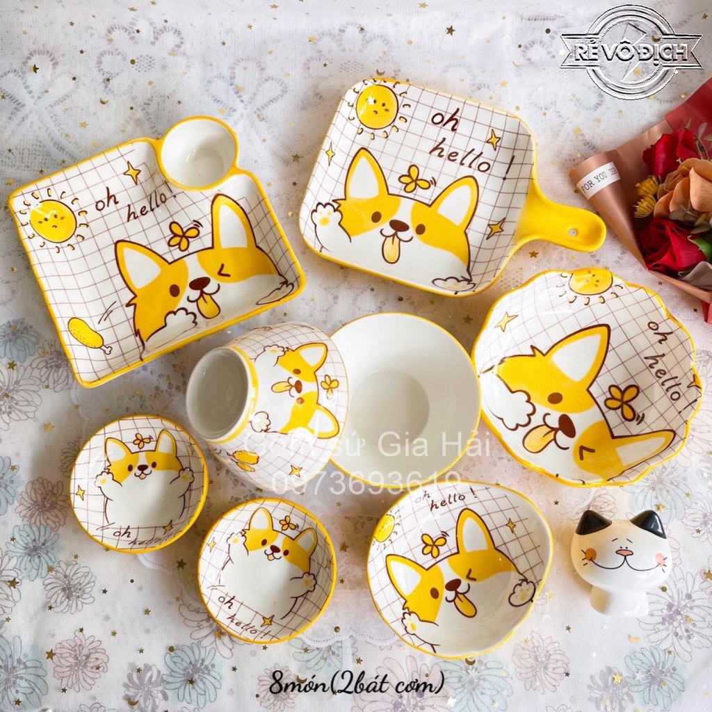 Set bộ Bát đĩa Chó Corgi siêu đáng yêu